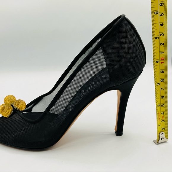 Something Bleu Black Mesh Gold Yellow Ball Pump Heels Peep Toe Italy Size 7 - Picture 2 of 16